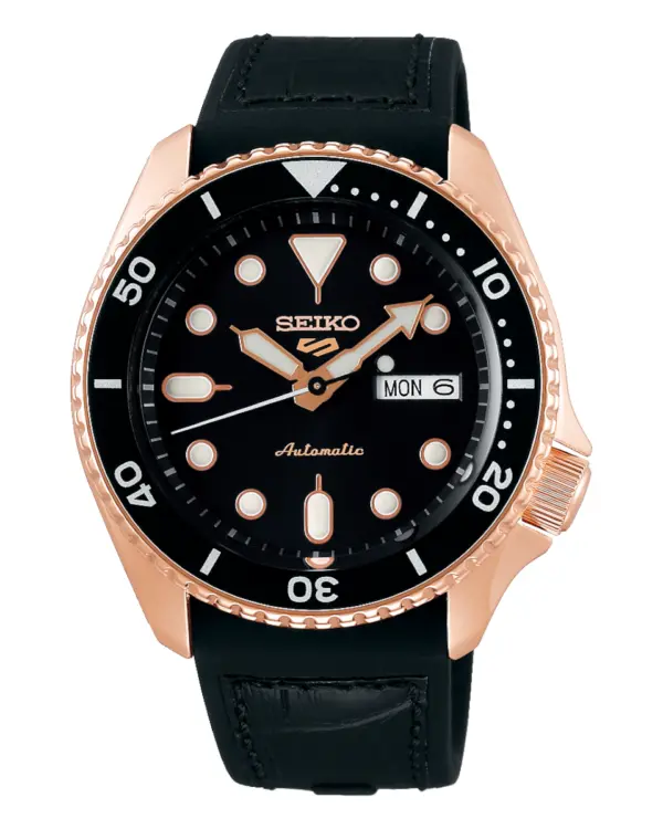 Seiko 5 Sports Automatisk Herrklocka Svart/Läder Roseguld 43 mm SRPD76K1