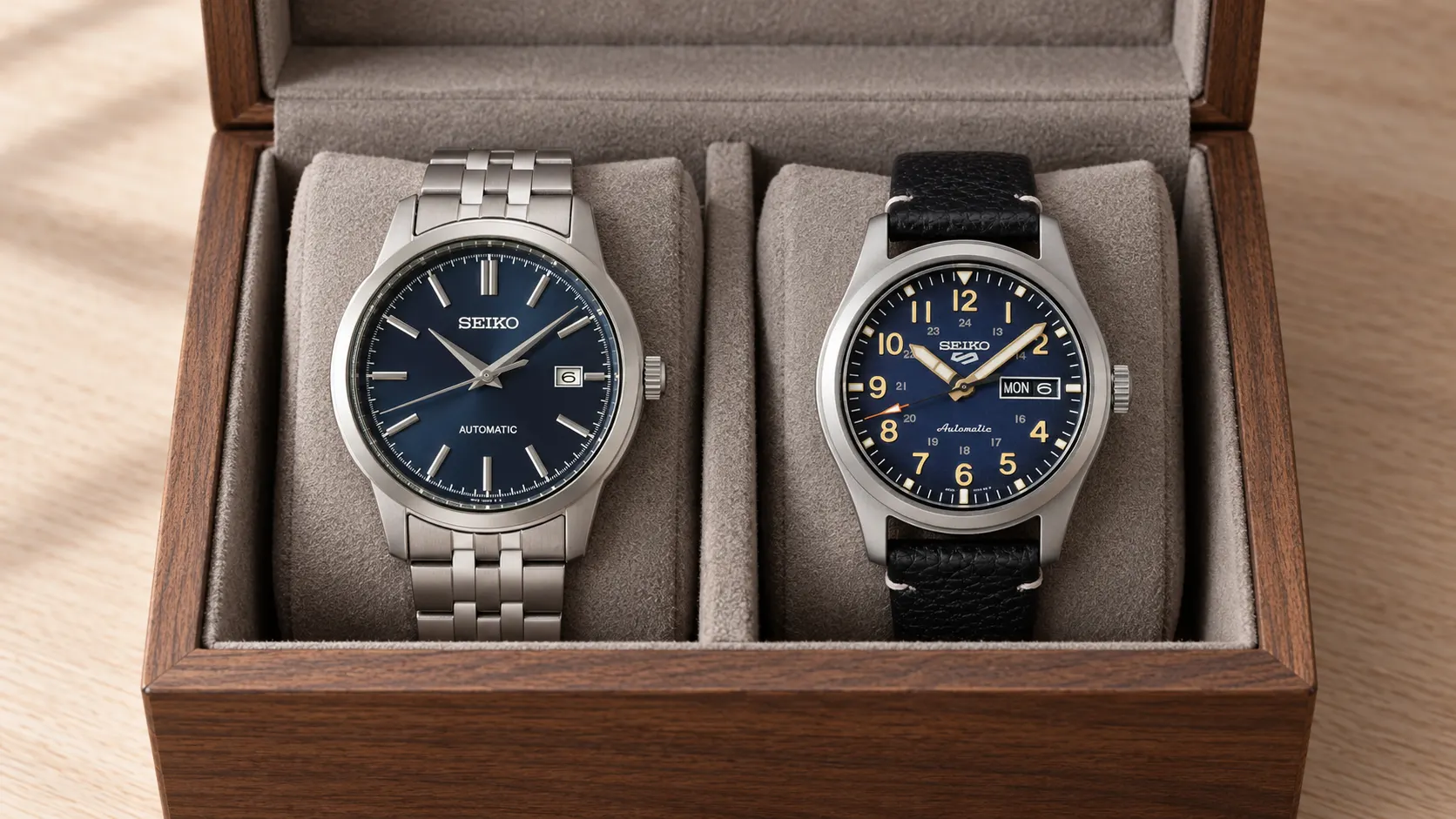 Seiko SRPH87K1 och SRPG39K1 förvaras på separata kuddar i en fodrad klocklåda.