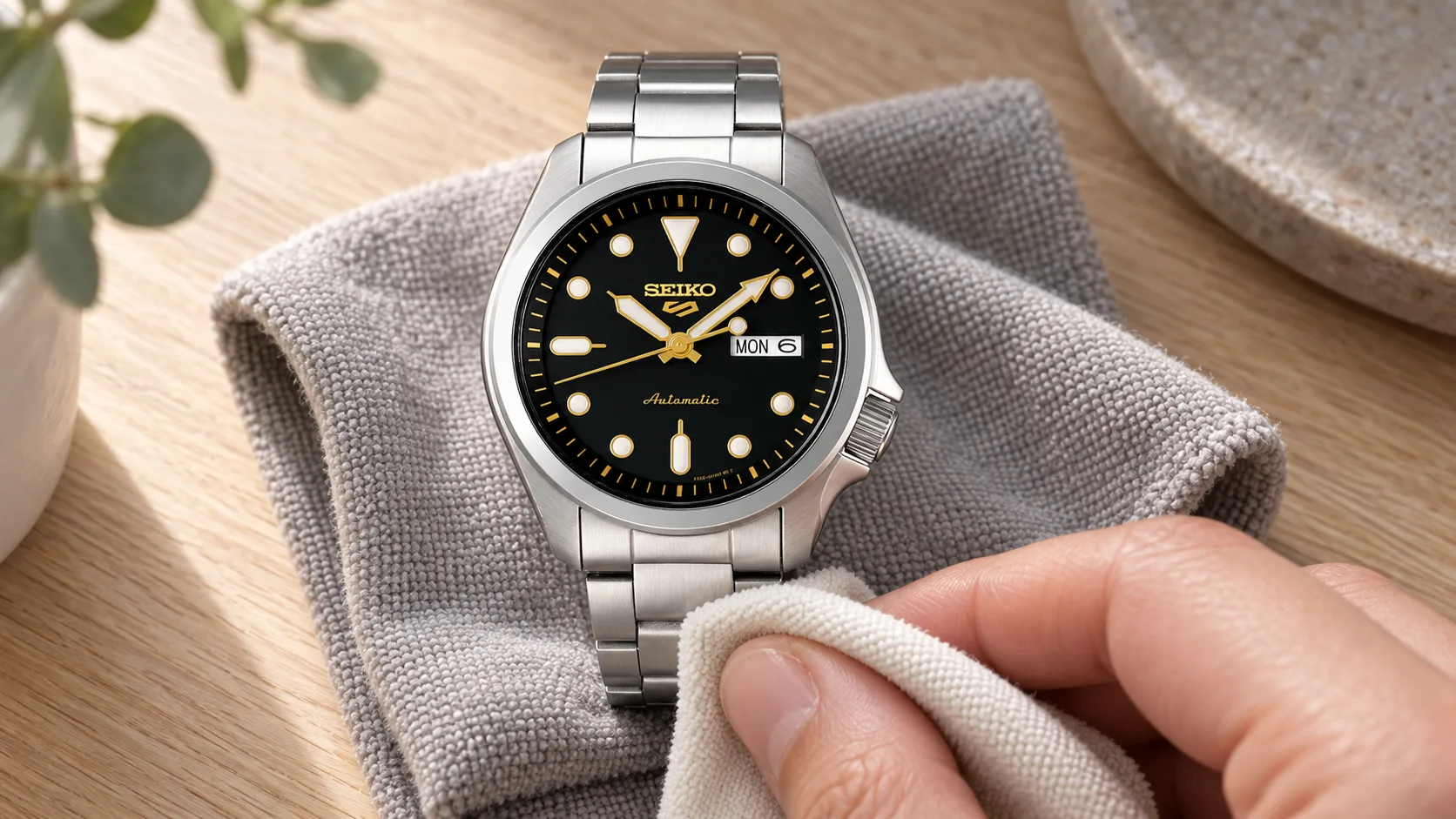 Stållänken på en Seiko 5 Sports SRPE57K1 rengörs försiktigt med en mjuk mikrofiberduk.