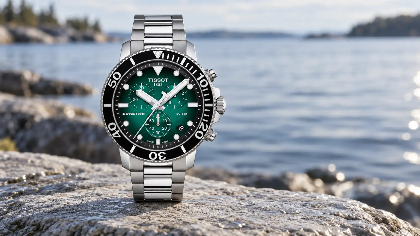 Tissot Seastar T120.417.11.091.01 med grön urtavla och märkningen 30 bar intill vatten.