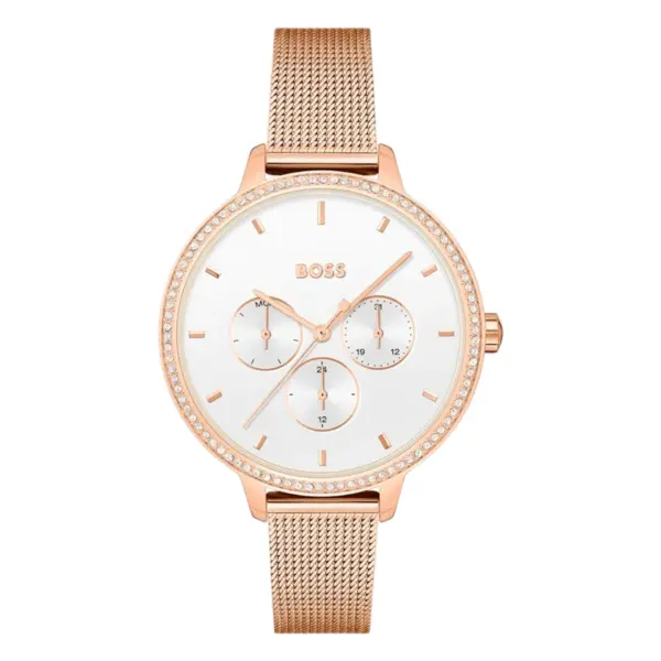 Hugo Boss Prime Quartz Multifunktion Roséguld Meshlänk Vit