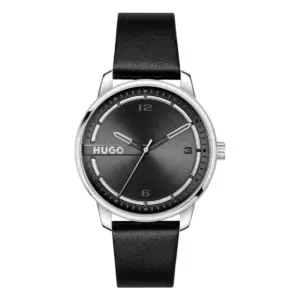HUGO Stamp Quartz Läderarmband Svart