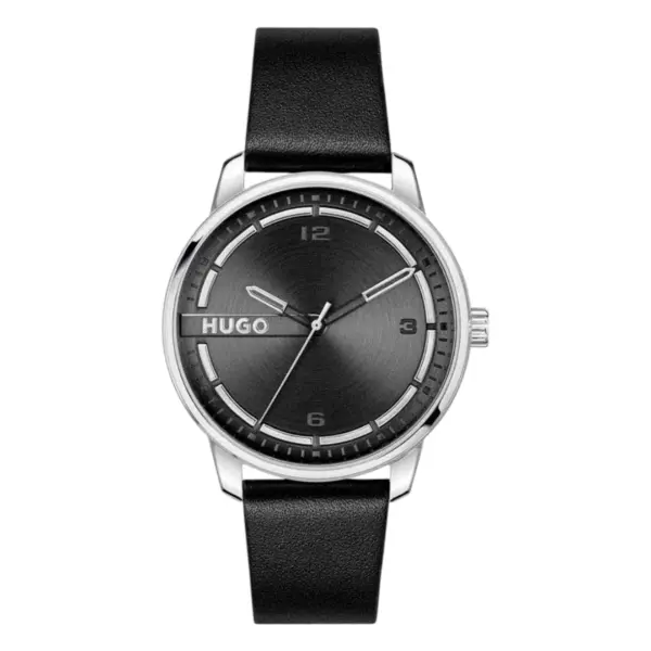 HUGO Stamp Quartz Läderarmband Svart