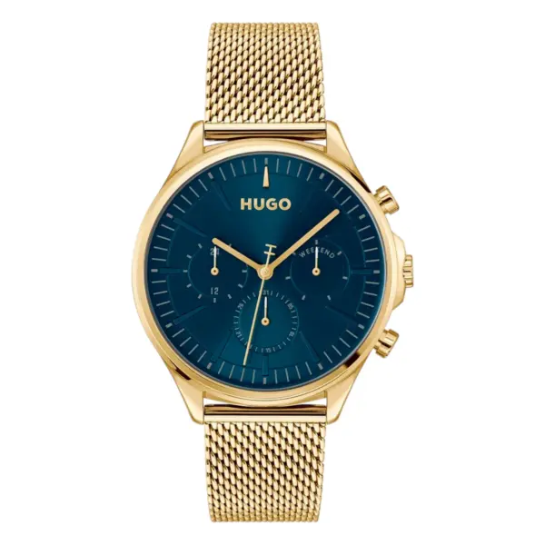 HUGO Smash Multi Quartz Multifunktion Guldfärgad Meshlänk Blå