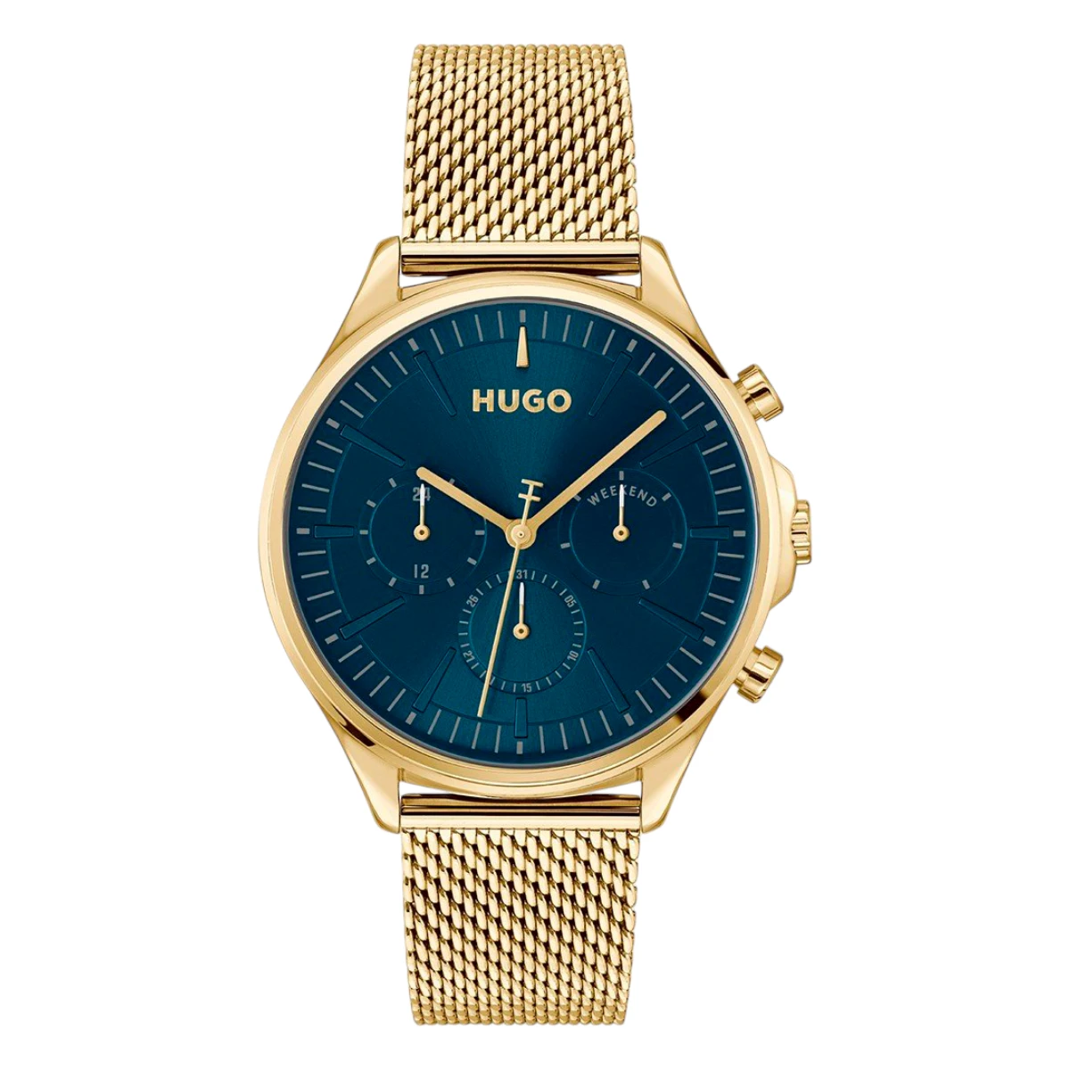 1530410 HUGO Smash Multi Quartz Multifunktion Guldfärgad Meshlänk Blå