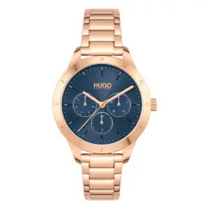 HUGO Friend Quartz Multifunktion Roséguld Stållänk Blå