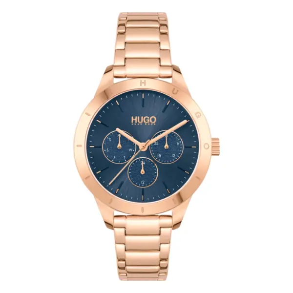 HUGO Friend Quartz Multifunktion Roséguld Stållänk Blå