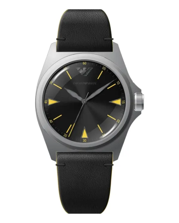 Armani Herrklocka Quartz Silverfärgad Boett Läderarmband Svart
