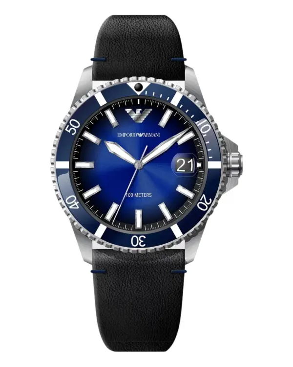 Armani Herrklocka Quartz Svart Läderband Blå