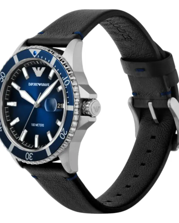 Armani Herrklocka Quartz Svart Läderband Blå