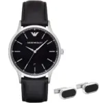 Armani Quartz Presentset Manschettknappar Läderarmband Svart