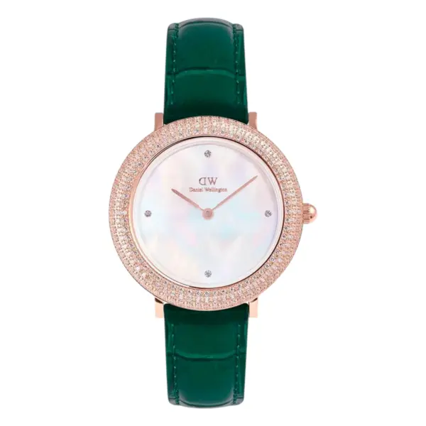 Daniel Wellington Crystalline Bezel Green Croc Rose Gold Quartz Läderarmband Vit pärlemor
