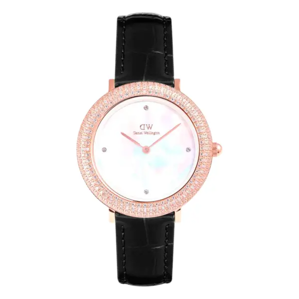 Daniel Wellington Crystalline Bezel Black Croc Rose Gold Quartz Läderarmband Vit pärlemor