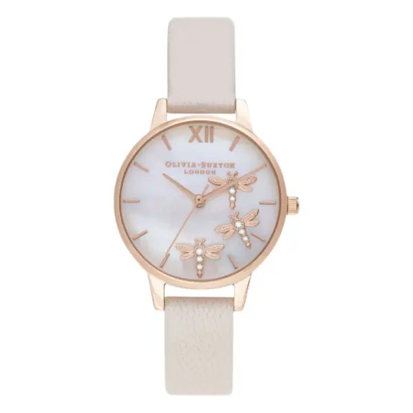 Olivia Burton Dancing Dragonfly Quartz Roséguldfärgad Läderarmband Vit Pärlemor