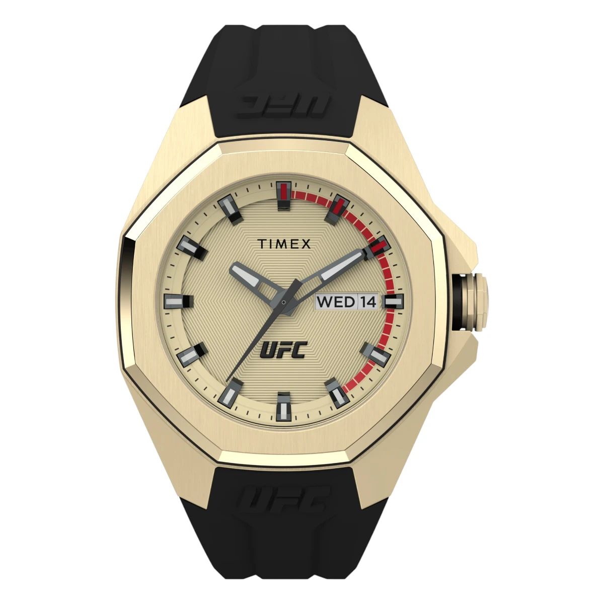 TW2V57100 Timex herrklocka med kvartsverk och svart silikonarmband – Guldfärgad