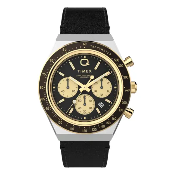 Timex Q Chronograph med läderarmband Svart