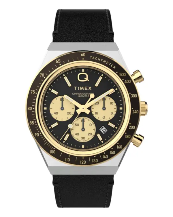 Timex Q Chronograph med läderarmband Svart
