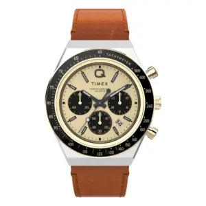 Timex Q Chronograph brunt läderarmband Guldfärgad