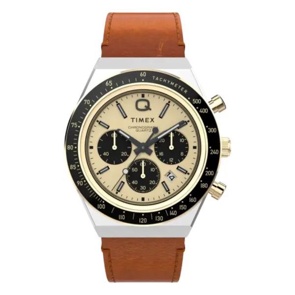 Timex Q Chronograph brunt läderarmband Guldfärgad