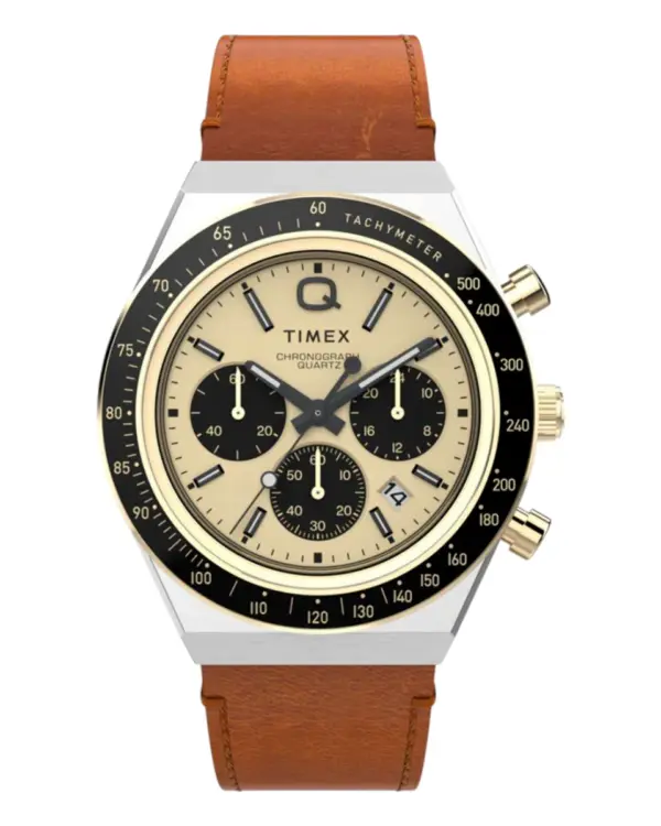 Timex Q Chronograph brunt läderarmband Guldfärgad