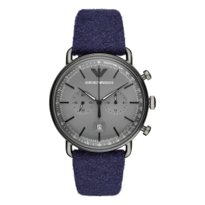 Armani Aviator Quartz Kronograf Blått Läderarmband Grå