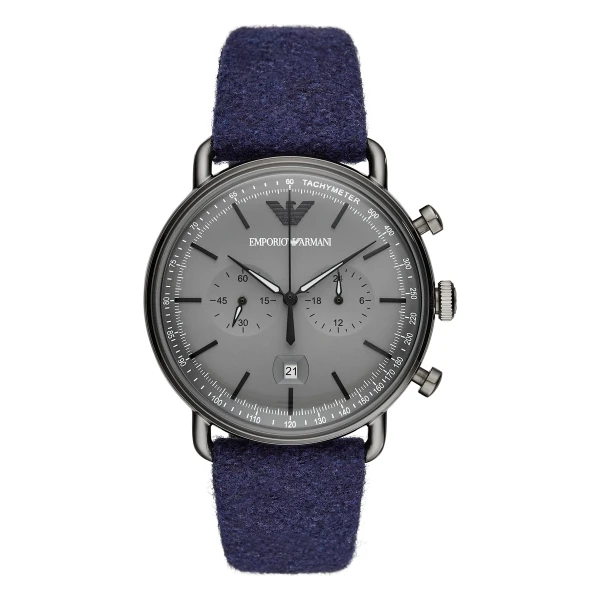 Armani Aviator Quartz Kronograf Blått Läderarmband Grå