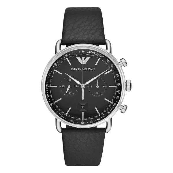 Armani Aviator Quartz Kronograf Läderarmband Svart