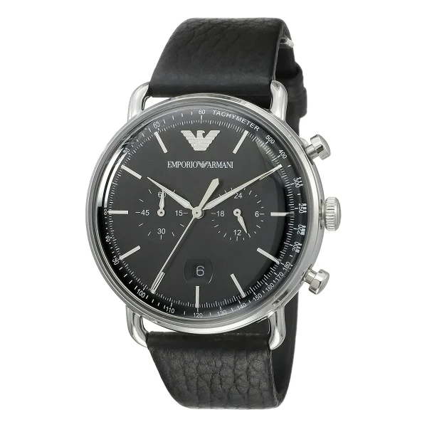 Armani Aviator Quartz Kronograf Läderarmband Svart