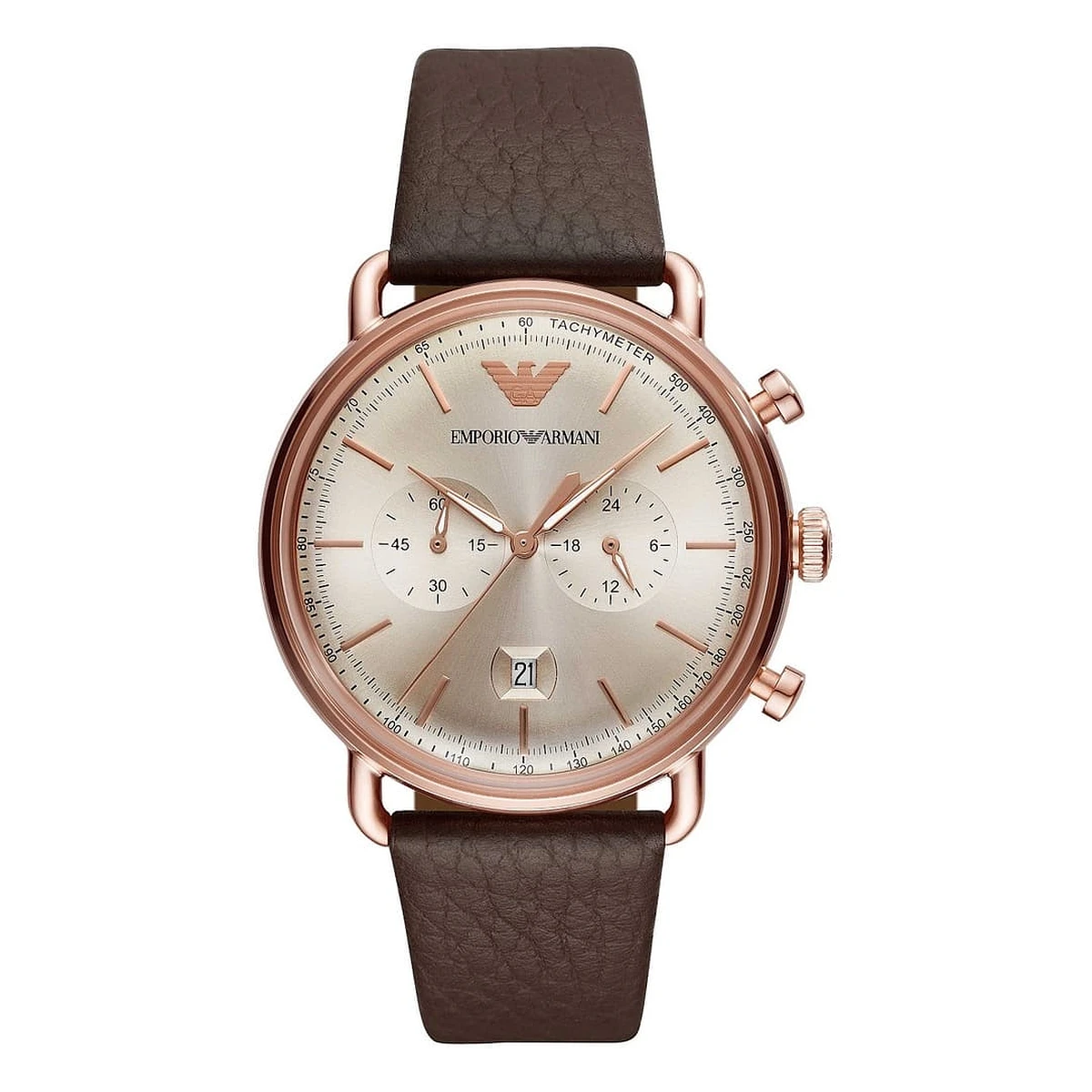 Armani Aviator Quartz Kronograf Roséguldfärgad Boett Läderarmband Grå Armani Aviator Quartz Kronograf Roséguldfärgad Boett Läderarmband Grå