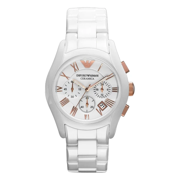 Armani Ceramica Quartz Kronograf Roséguldsdetaljer Keramiklänk Vit