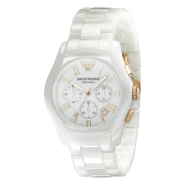 Armani Ceramica Quartz Kronograf Roséguldsdetaljer Keramiklänk Vit