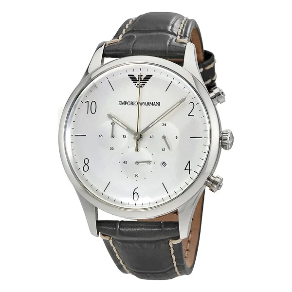 Armani Classic Quartz Kronograf Grått Läderarmband Silver