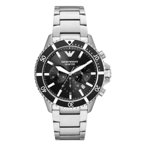 Armani Diver Quartz Kronograf Silverfärgad Boett Stållänk Svart