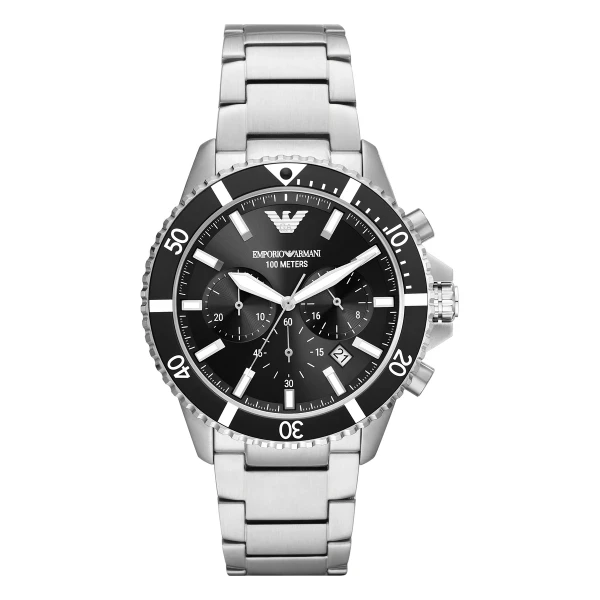 Armani Diver Quartz Kronograf Silverfärgad Boett Stållänk Svart