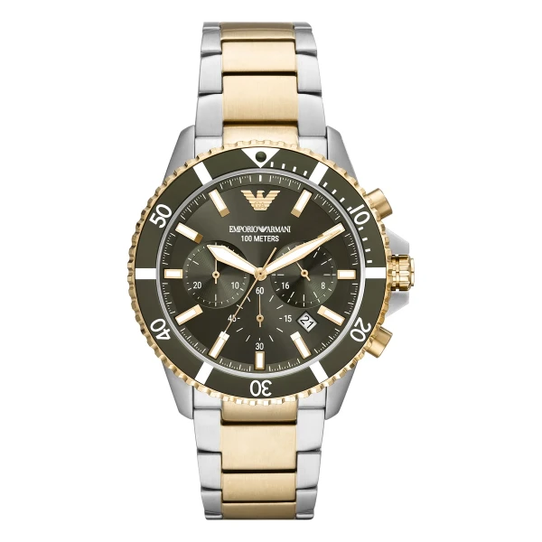 Armani Diver Quartz Kronograf Tvåfärgad Stållänk Grön