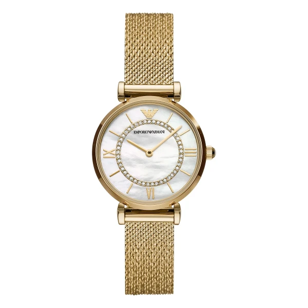 Armani Gianni T-Bar Quartz Guldfärgad Mesharmband Vit Pärlemor
