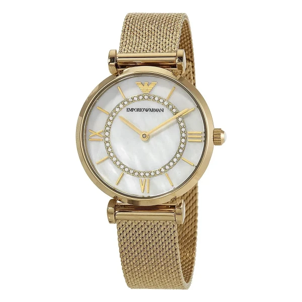 Armani Gianni T-Bar Quartz Guldfärgad Mesharmband Vit Pärlemor