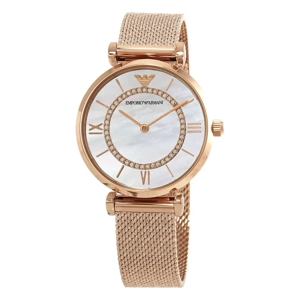 Armani Gianni T-Bar Quartz Roséguldfärgad Mesharmband Vit Pärlemor