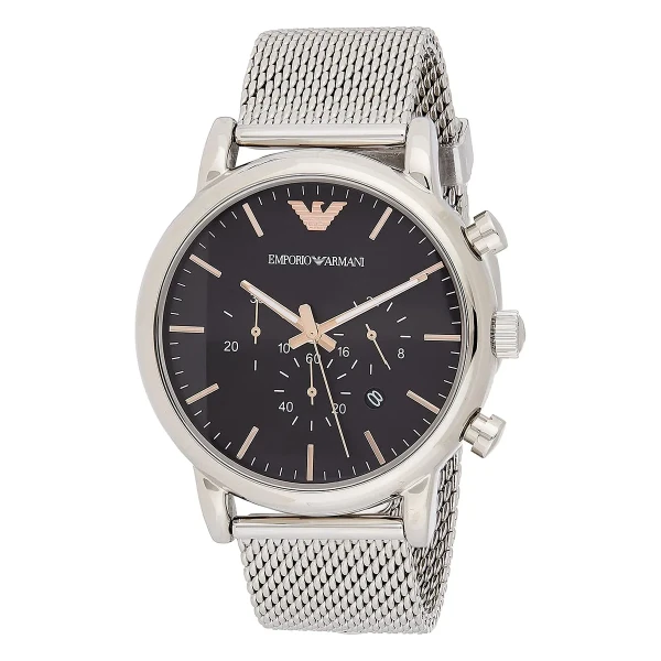 Armani Luigi Quartz Kronograf Roséguldsdetaljer Mesharmband Svart