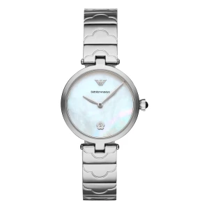 Armani Quartz Blommotiv Stållänk Vit Pärlemor