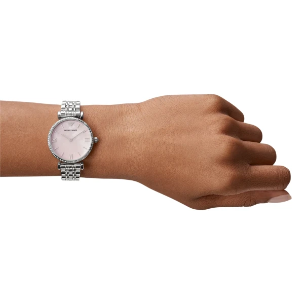 Armani Quartz Kristallboett Stållänk Rosa Pärlemor