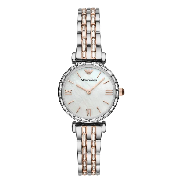 Armani Quartz Kristallboett Tvåfärgad Stållänk Vit Pärlemor