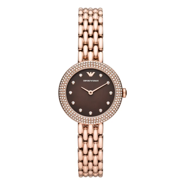 Armani Quartz Kristallring Roséguldfärgad Stållänk Brun