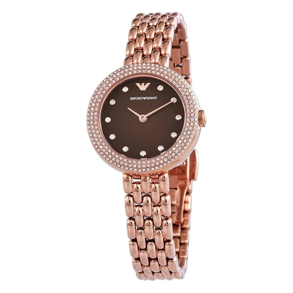 Armani Quartz Kristallring Roséguldfärgad Stållänk Brun