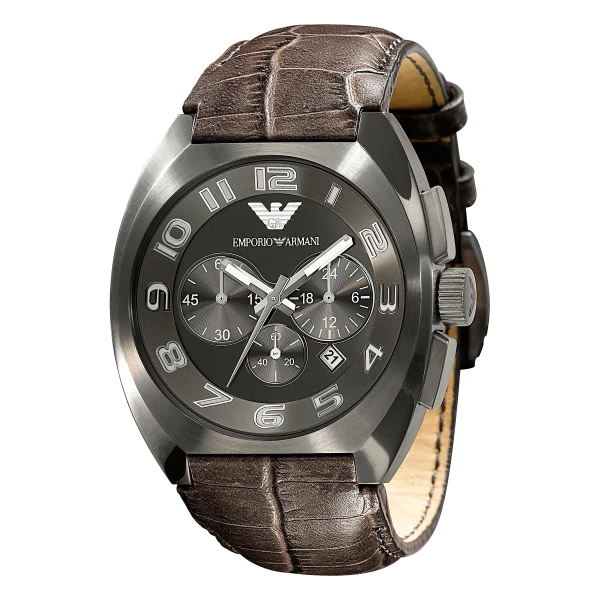 Armani Quartz Kronograf Brunt Läderarmband Svart