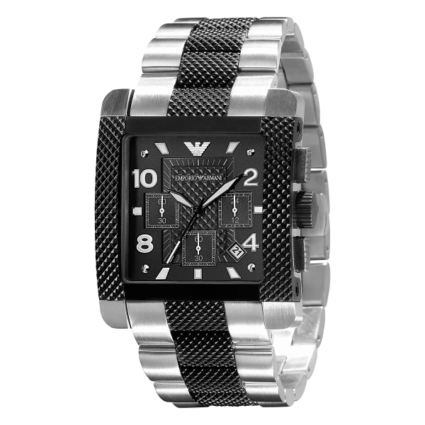 Armani Quartz Kronograf Rektangulär Tvåfärgad Stållänk Svart