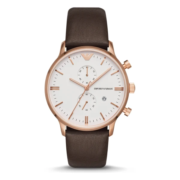 Armani Quartz Kronograf Roséguldfärgad Boett Läderarmband Vit