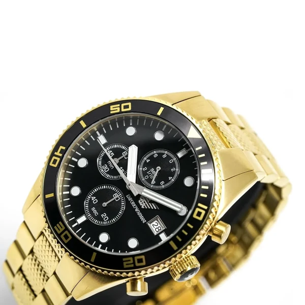 Armani Quartz Kronograf Vridbar Ring Guldfärgad Stållänk Svart