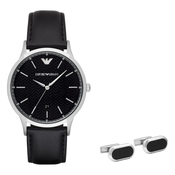 Armani Quartz Presentset Manschettknappar Läderarmband Svart