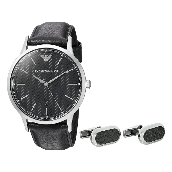 Armani Quartz Presentset Manschettknappar Läderarmband Svart